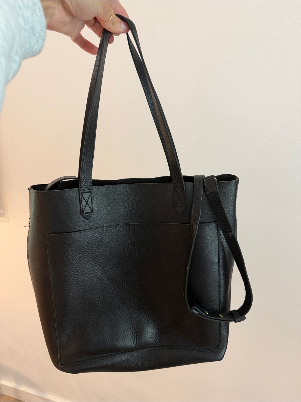 Madewell Black Leather Tote with Front Pocket